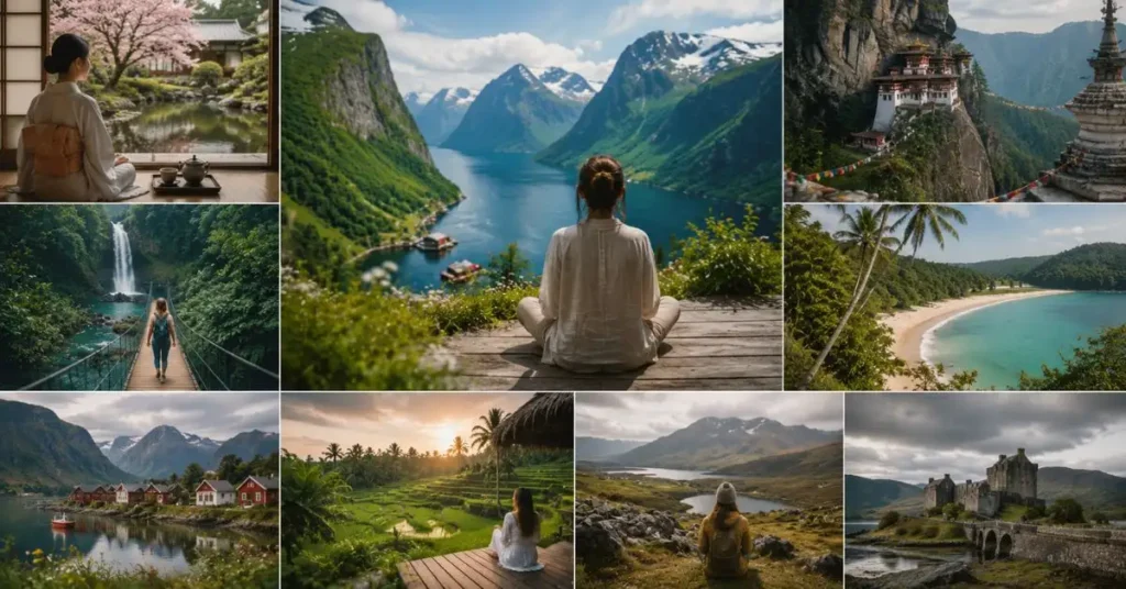 Traveler admiring peaceful landscapes across mindful travel destinations, including mountains, forests, temples, rice terraces, fjords, and coastal scenery that encourage slow, sustainable, and immersive travel experiences.