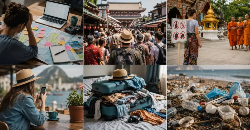 A travel collage showing common travel mistakes, including overplanning, crowded tourist attractions, excessive phone use, ignoring local customs, overpacking luggage, and plastic waste on a beach, highlighting habits that reduce the quality of mindful travel.