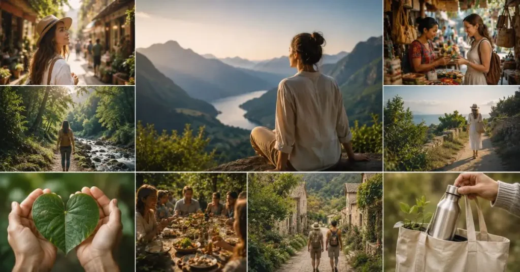 Traveler enjoying peaceful moments in nature, connecting with local culture, supporting sustainable tourism, and experiencing the mental, environmental, and personal benefits of mindful travel.