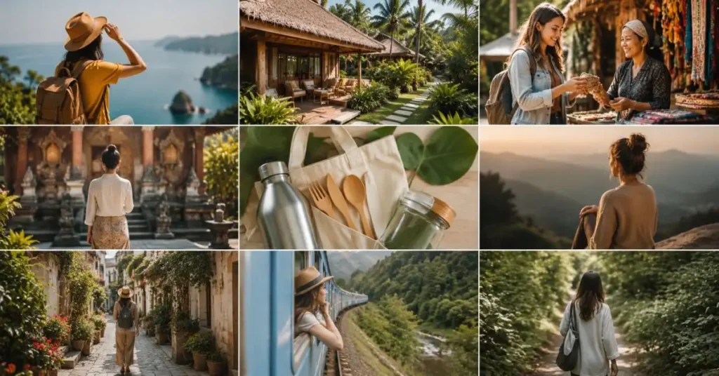 A collage of mindful travel experiences featuring sustainable accommodation, local markets, reusable travel essentials, scenic train journeys, peaceful nature walks, and respectful cultural interactions, highlighting slow and responsible travel.