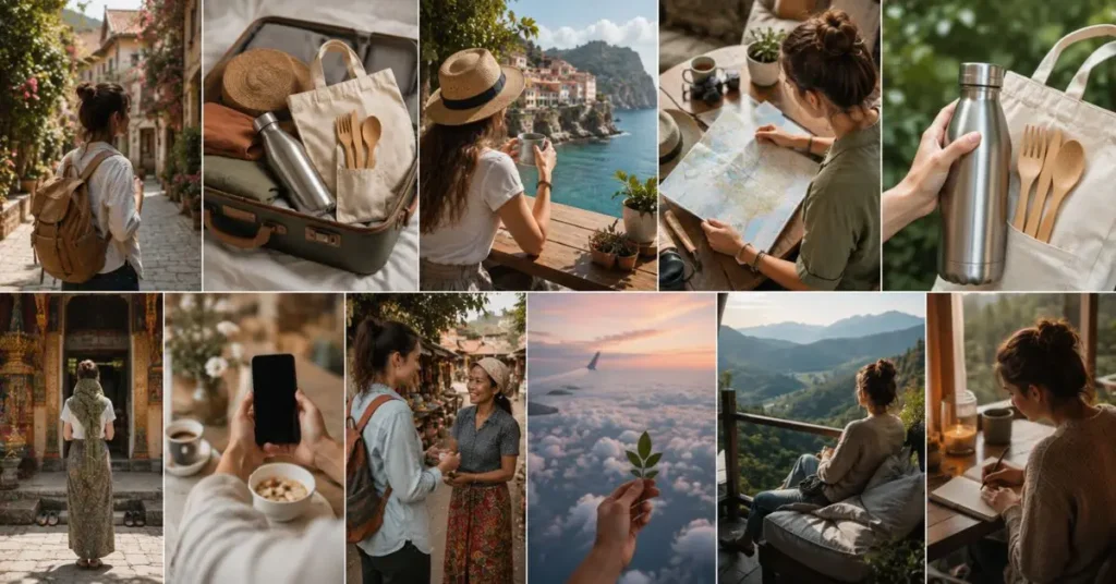 A collage of mindful travel habits featuring sustainable packing, exploring one destination, using reusable travel essentials, connecting with locals, journaling, respecting local culture, enjoying phone-free moments, and relaxing in nature for a slower, more intentional travel experience.