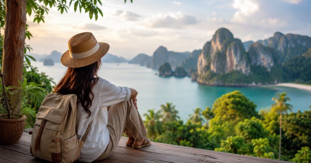 Woman peacefully enjoying a scenic mountain and ocean view, representing the Ultimate Mindful Travel Guide for meaningful, slow, and stress-free adventures