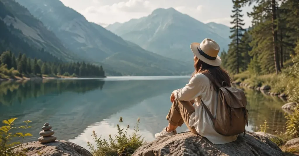 A peaceful traveler sits beside a calm mountain lake, surrounded by forests and scenic peaks, embracing mindful travel through quiet reflection and a deep connection with nature.