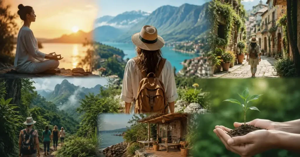 Woman enjoying a peaceful nature journey overlooking mountains and a lake, representing mindful travel, wellness, slow travel, eco-friendly tourism, and authentic travel experiences.