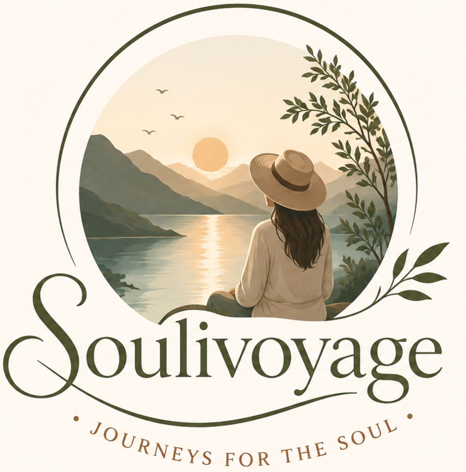 "Soulivoyage logo featuring a peaceful traveler overlooking mountains and water with the tagline 'Journeys for the Soul,' representing mindful travel, wellness, and meaningful adventures
