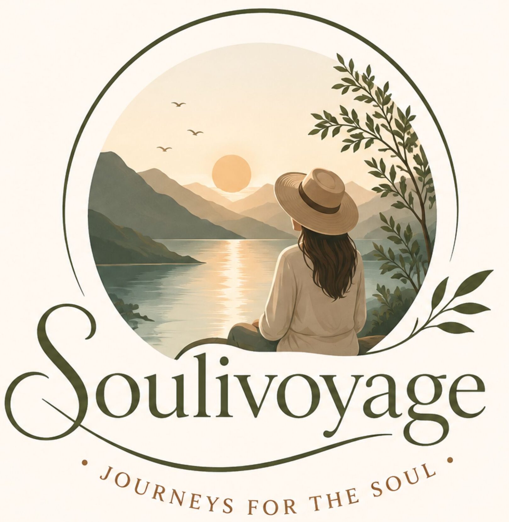 "Soulivoyage logo featuring a peaceful traveler overlooking mountains and water with the tagline 'Journeys for the Soul,' representing mindful travel, wellness, and meaningful adventures